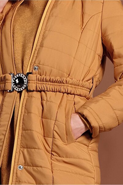 TRENDTESETTÜR Women's Yellow (Safran) Hooded Puffy Coat 3006