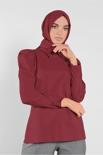 TRENDTESETTÜR Women's Burgundy Gigot Sleeve Shirt Collar Blouse 41222