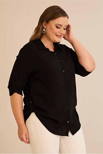FOR ESRA BIG TREND Kadın Büyük Beden  Kol ve Yan Katlamalı Dokuma Viskon Gömlek