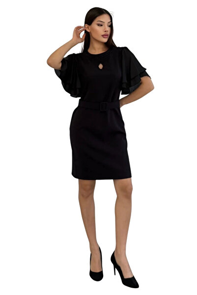 lodmela Βραδινό φόρεμα με σατέν μανίκι με χάντρες και κεντημένη ζώνη 6012-Μαύρο