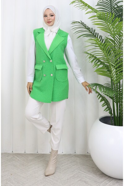 MİSS M.A.T FASHİON Bucket Pon Pon Fabric with Pocket Cover Crossbody Collar 4 Button Vest