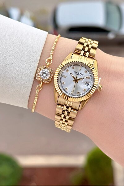 Tom Jones Altın Renk 2 Yıl Garantili 25 Mm Kadın Kol Saati ve Bileklik