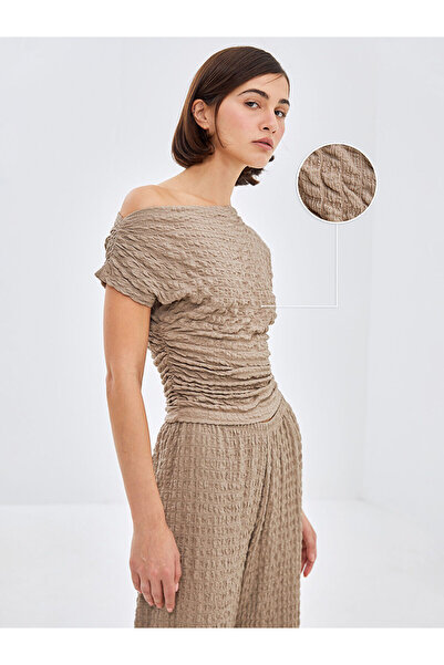 LC Waikiki Brown Boat Neck Textured Women's Blouse