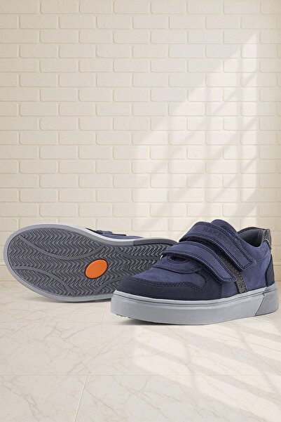 Rakerplus Pantofi de școală pentru băieți din piele naturală cu velcro nubuc bleumarin