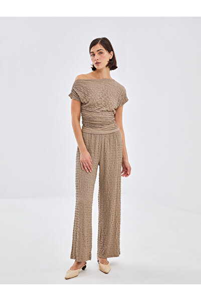 LC Waikiki Brown Boat Neck Textured Women's Blouse