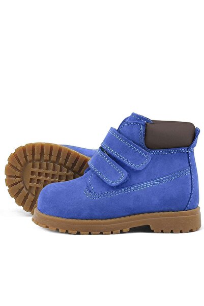 Rakerplus Neson Genuine Leather Saks Blue Fur Velcro Baby Boots