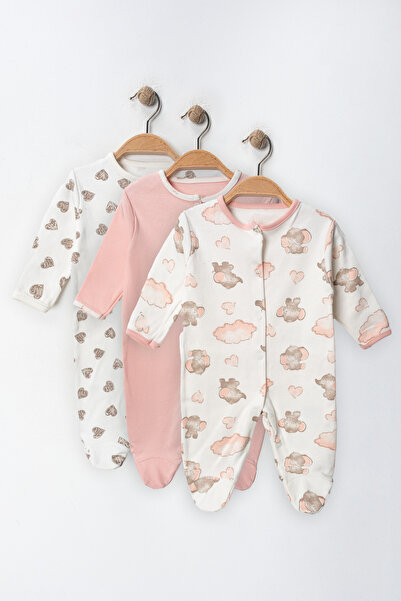 DEFNE LİNA BABY Baby Girl Outfit Brown Elephant Patterned 3-Piece Jumpsuit Se...