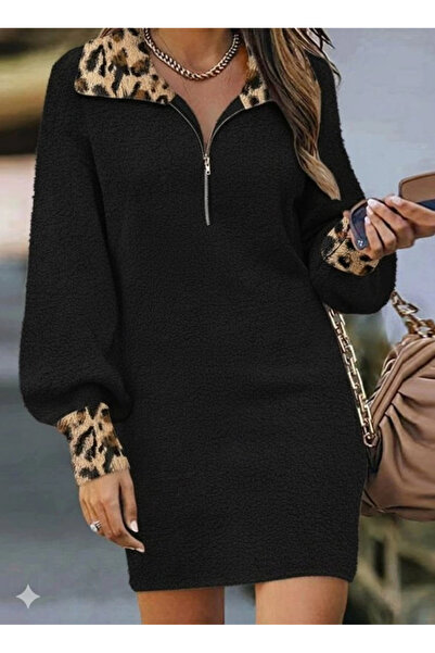Butik Women's Long Sleeve Collared Front Zipper Leopard Detailed Mini Plush Dress
