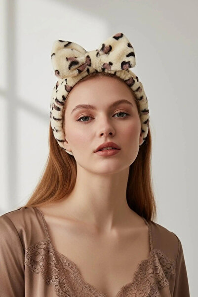 Vitastyle Cream Color Leopard Printed Ribbon Figured Plush Spa Hair Band