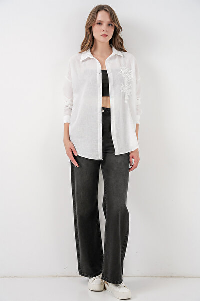 Bigdart Women's Embroidered Oversize Shirt 20338 - White