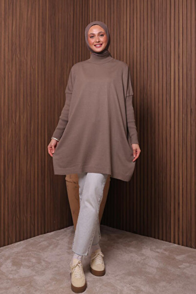 Balenbi Women's Mock Neck Basic 80cm Loose Oversized Knitwear Tunic 1145