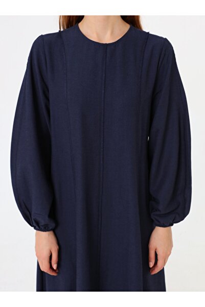 Benin Linen Blended Hijab Dress with Stitching Detail - Navy Blue - Benin