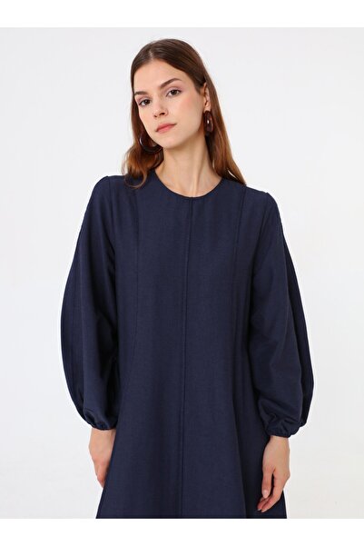 Benin Linen Blended Hijab Dress with Stitching Detail - Navy Blue - Benin