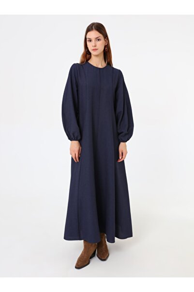Benin Linen Blended Hijab Dress with Stitching Detail - Navy Blue - Benin