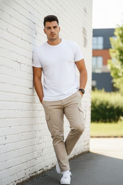 comstar Men's High Waist Cargo Pocket Stretchy Tight Coffee Pants