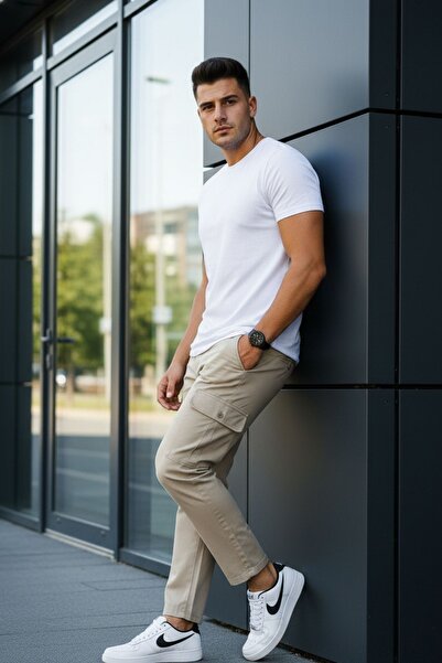 comstar Men's High Waist Stretchy Tight Cream Pants with Cargo Pockets