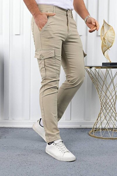 comstar Men's High Waist Stretchy Tight Cream Pants with Cargo Pockets