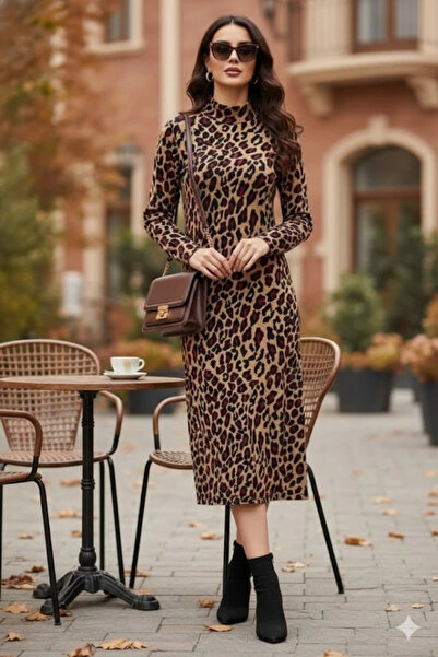 Butik Women's Long Sleeve Turtleneck Leopard Print Midi Dress
