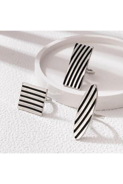 Pursehuit Set de 3 inele, argintii cu dungi negre, Bruna C4