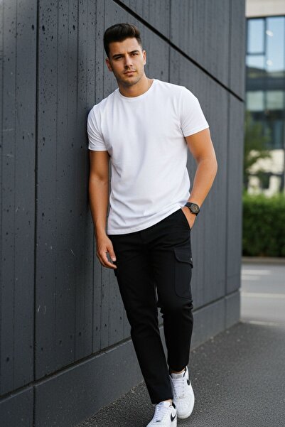 comstar Men's High Waist Stretchy Slim Fit Navy Trousers with Cargo Pockets