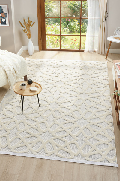 Raschel Carpet Premium Seri Bukle Krem Dokuma Makine Halısı Dekoratif Halı Yolluk RCSISAL1000A