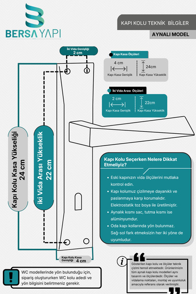 bersayapı Lama Aynalı Siyah Oda Kapı Kolu 1 Takım (MONTAJ VİDALARI DAHİL)