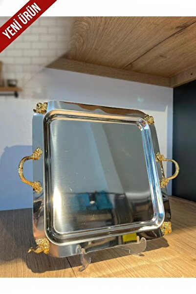 zaTen Pazar 6'LI GOLD DETAYLI AYAKLI GÜMÜŞ ÇAY KAHVE SUNUM TEPSİSİ
