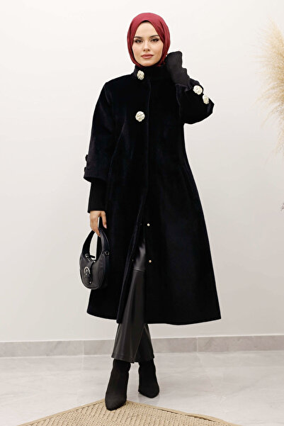 Tesettür Dünyası Angora Fox Coat with Sleeve Tip Knitwear Detail Tsd250246 Black