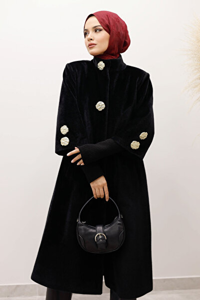 Tesettür Dünyası Angora Fox Coat with Sleeve Tip Knitwear Detail Tsd250246 Black