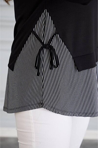 QUAWEAR Crew Neck, Laced Sides, Ribbed Sleeves, Striped Paneled Combed Cotton Fabric Tunic