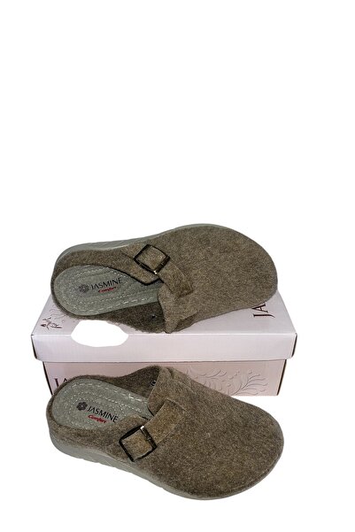 Jasmine Χειμερινές παντόφλες εσωτερικού χώρου unusex με ανοιχτό καφέ ύφασμα από τσόχα, πλαϊνή πόρπη, άνετες, ορθοπεδικές, ραμμένες