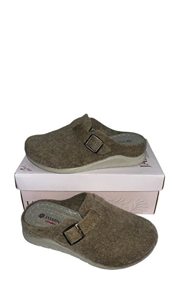 Jasmine Χειμερινές παντόφλες εσωτερικού χώρου unusex με ανοιχτό καφέ ύφασμα από τσόχα, πλαϊνή πόρπη, άνετες, ορθοπεδικές, ραμμένες