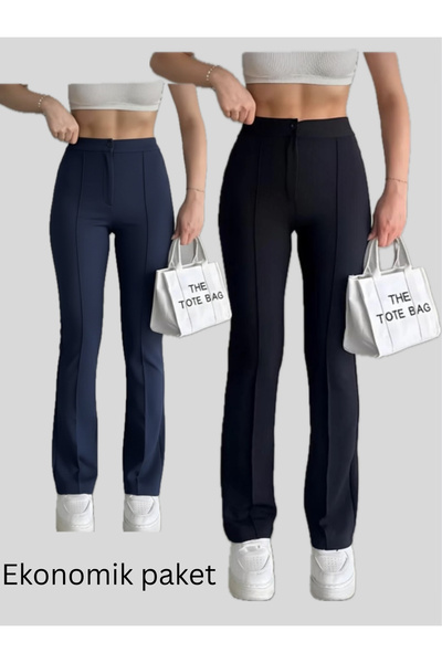 glanour Women's Black, Navy Blue High Waist Shaping / Sculpting Flared Leg Palazzo Pants 2 Pieces