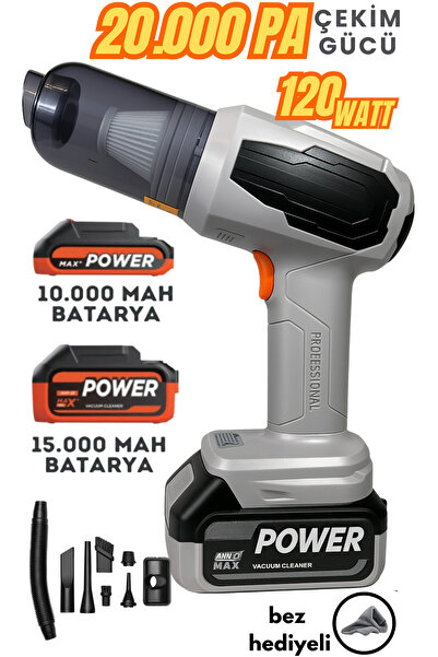 Brawi Yeni 20.000PA 25.000MAH Çantalı Yedek Filtreli Çift Bataryalı 120W Şarjlı Araç İçi SüpürgeBEZ HEDİYE