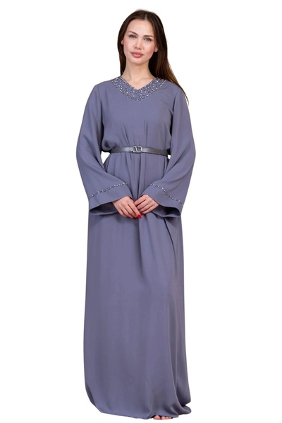 lodmela Комір та обробка рукавів Детальна зручна форма Сукня 1015-Сірий