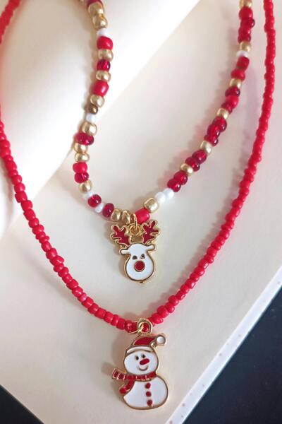 New Obsessions New Year's Beaded Necklace Set with Deer and Snowman Figures 2 Pack