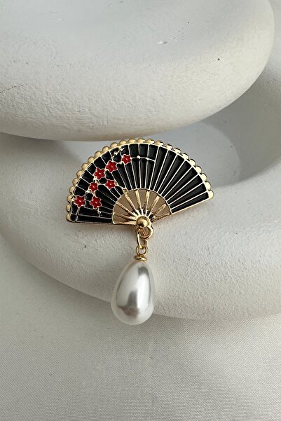 mos&more İncili Siyah Yelpaze Broş