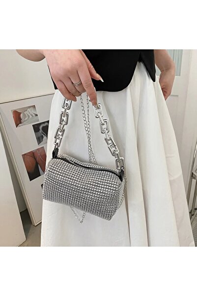 Nurls Shop Zümrüt OyuncakStore حقيبة كتف نسائية أنيقة مرصعة بالجليتر، حقيبة كتف صغيرة، فضية