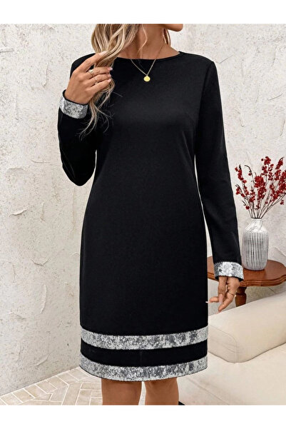 Butik Women's long sleeve crew neck mini crepe dress