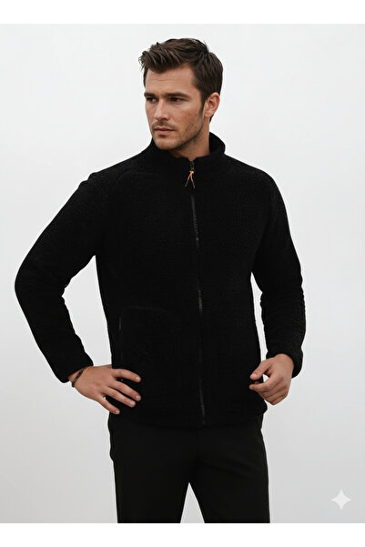 OXVİN Μάλλινο βελούδινο παλτό από γούνα αρνιού Welsoft με φερμουάρ και 3 τσέπες με λεπτομέρειες (πλήρες μέγεθος)