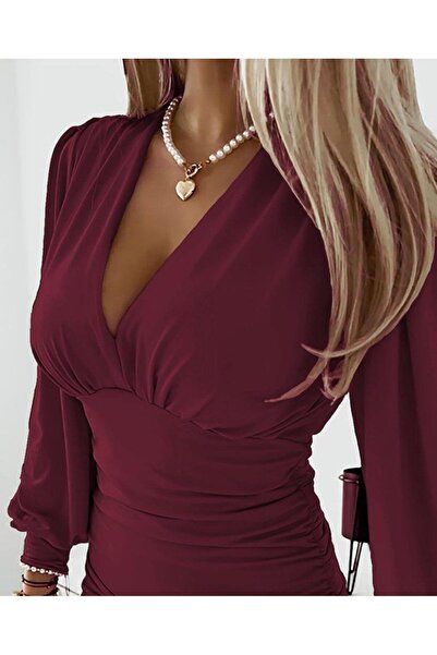 GENCULUS Women's Long Sleeve Deep V Neck Front Gathered Sandy Blouse