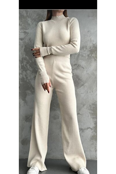 Esperar Pulover crop tricotat pe jumătate pentru femei, pantaloni, tricotaje set