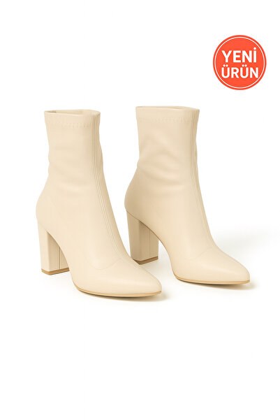 Savves Béžové kožené kozačky na podpatku se špičatou špičkou