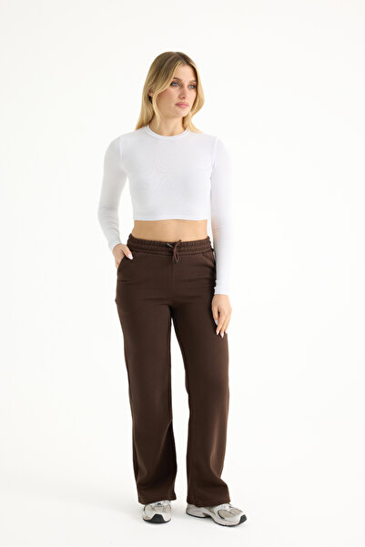 veres Γυναικείο καφέ χειμερινό φλις παντελόνι με ραφές στα πόδια, φαρδύ παντελόνι