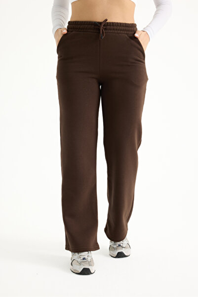 veres Γυναικείο καφέ χειμερινό φλις παντελόνι με ραφές στα πόδια, φαρδύ παντελόνι