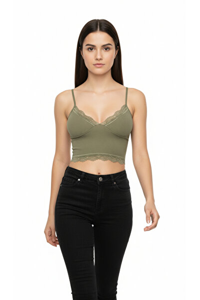 ACTRİS Crop Strappy Lace Bustier Blouse with Removable Pads Khaki-Green