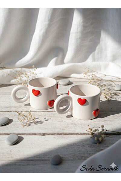 seda seramik 2 Pieces Handmade Heart Coffee Cup Mug Cup 200 Ml.