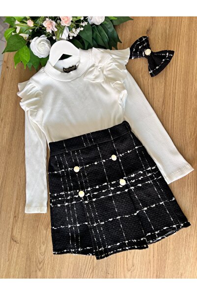 TREND NATURAL Girl and Baby Black Tweed Skirt White Bodysuit and Buckle 3 Years-8 Years