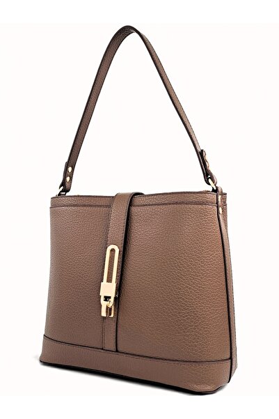 Evident Light Brown Women's Shoulder Bag with Lock Detail