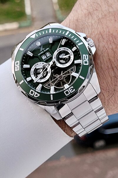 Daniel Klein Kadranı Yeşil Kordonu Gümüş Renk Otomatik Takvimli Hediye Paketl...